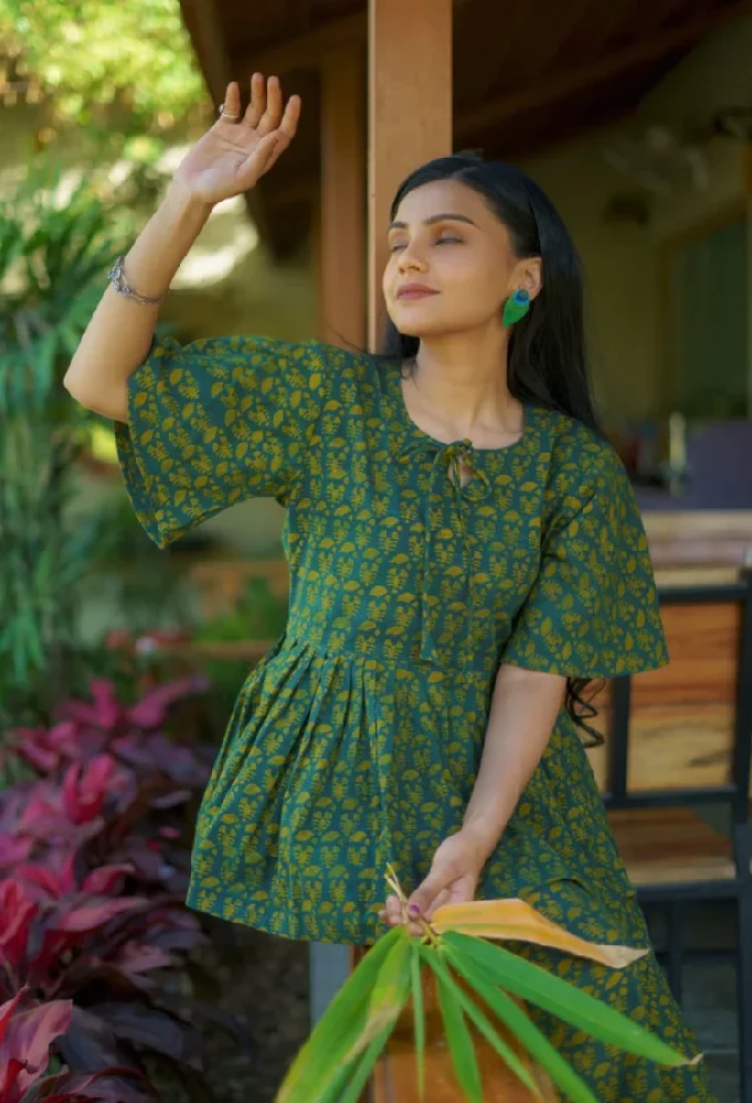 Cotton Handloom Dark Green Short Kurti with Ajrakh Hand-Block Prints - Image 2