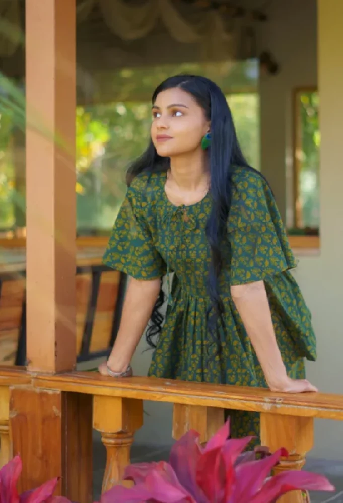 Cotton Handloom Dark Green Short Kurti with Ajrakh Hand-Block Prints - Image 3
