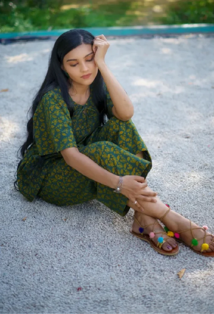Cotton Handloom Dark Green Short Kurti with Ajrakh Hand-Block Prints - Image 4
