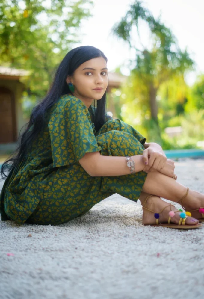 Cotton Handloom Dark Green Short Kurti with Ajrakh Hand-Block Prints - Image 6