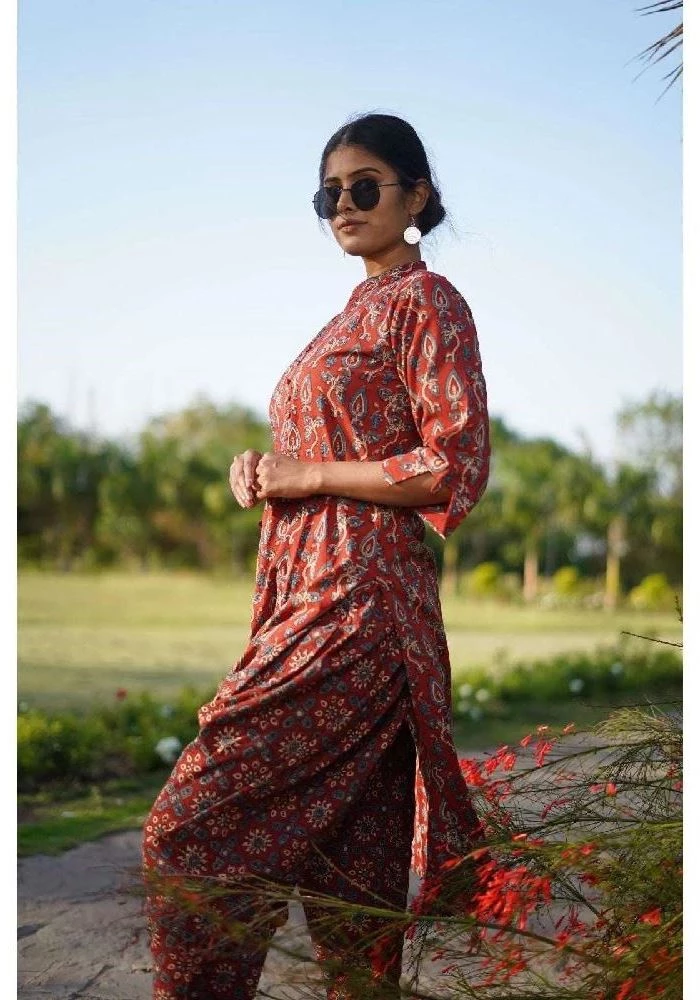Cotton Red Kurti with Ajrakh Hand-Block Print