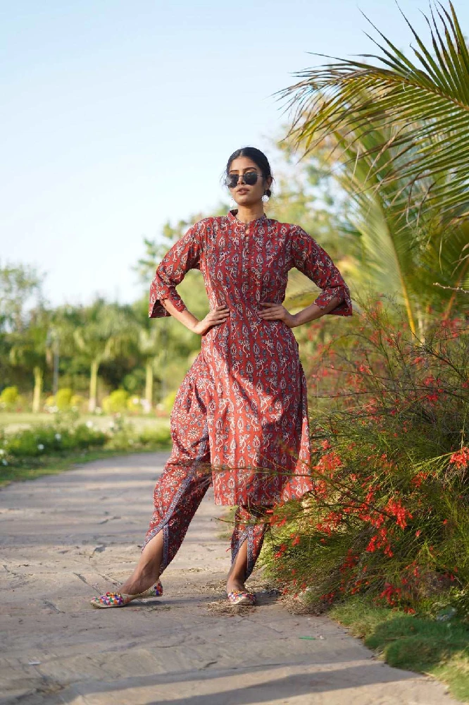 Cotton Red Kurti with Ajrakh Hand-Block Print - Image 3