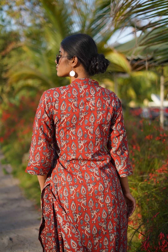 Cotton Red Kurti with Ajrakh Hand-Block Print - Image 4