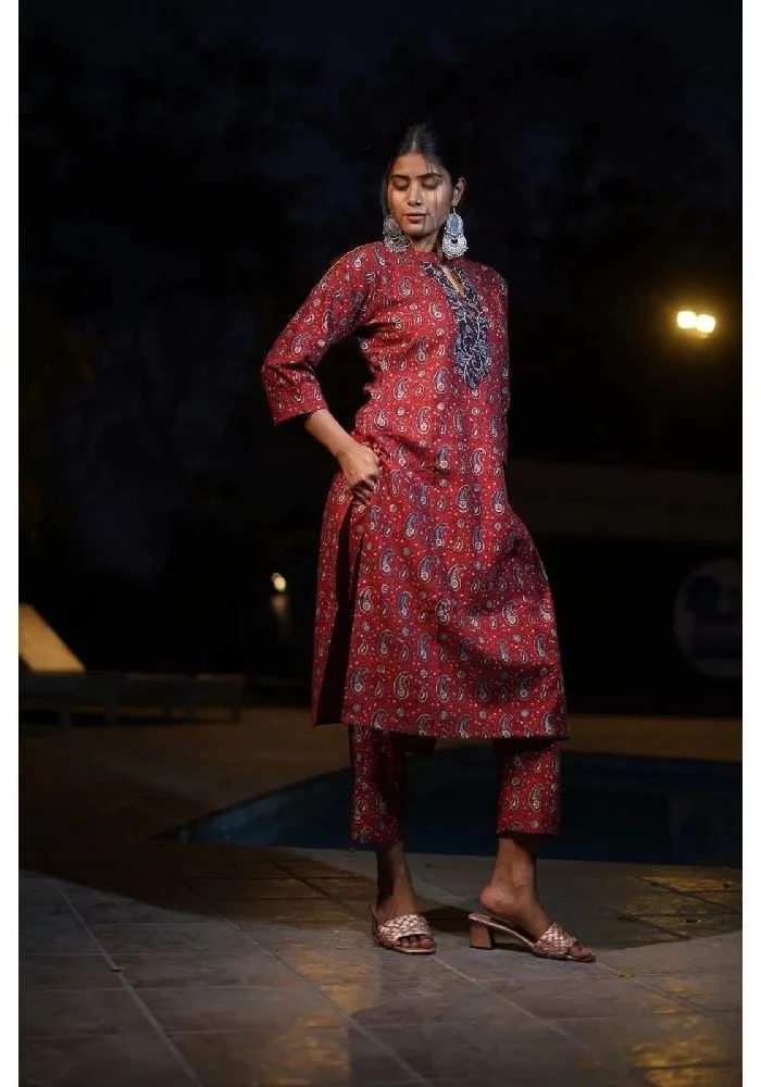 Cotton straight Ajrakh Hand-Block Print Red Kurti