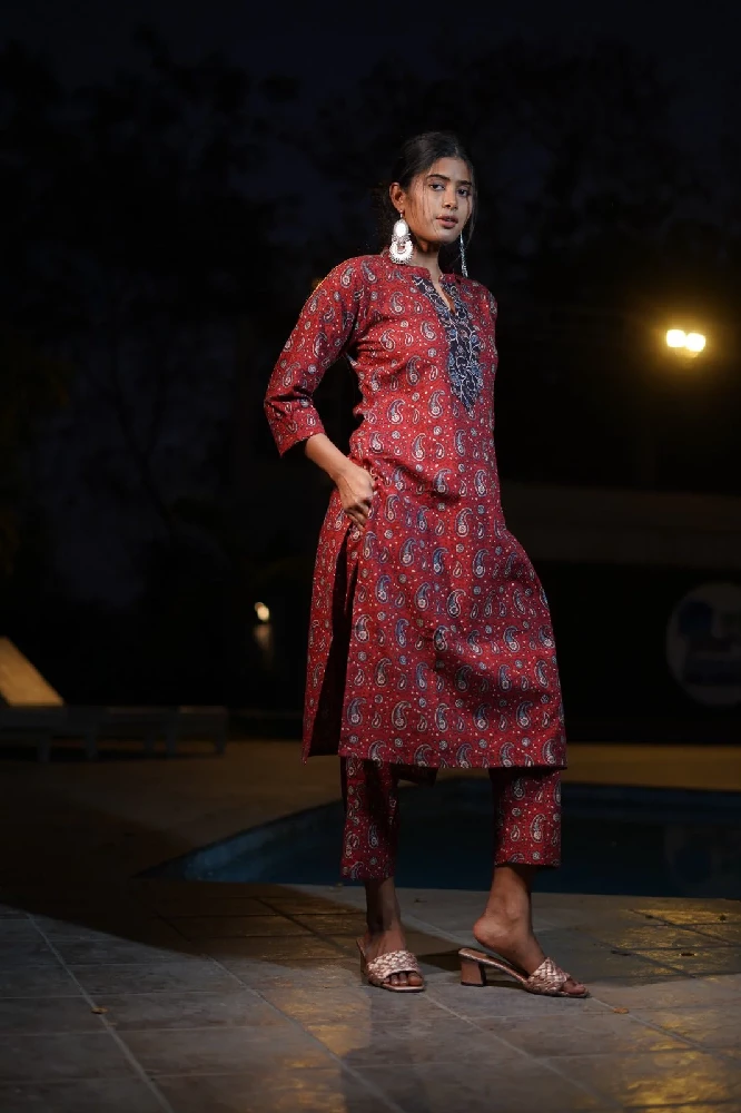 Cotton straight Ajrakh Hand-Block Print Red Kurti - Image 3