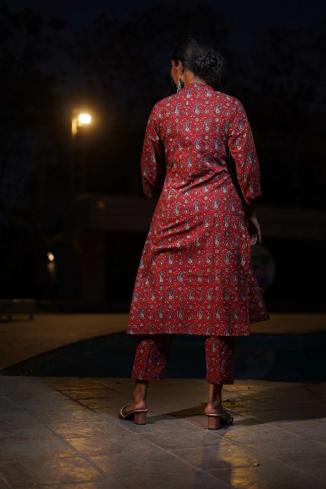 Cotton straight Ajrakh Hand-Block Print Red Kurti - Image 4