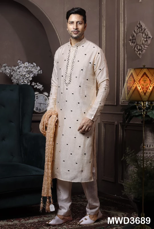 Cream Readymade Mirror Embroidered Kurta Pajama - Image 1