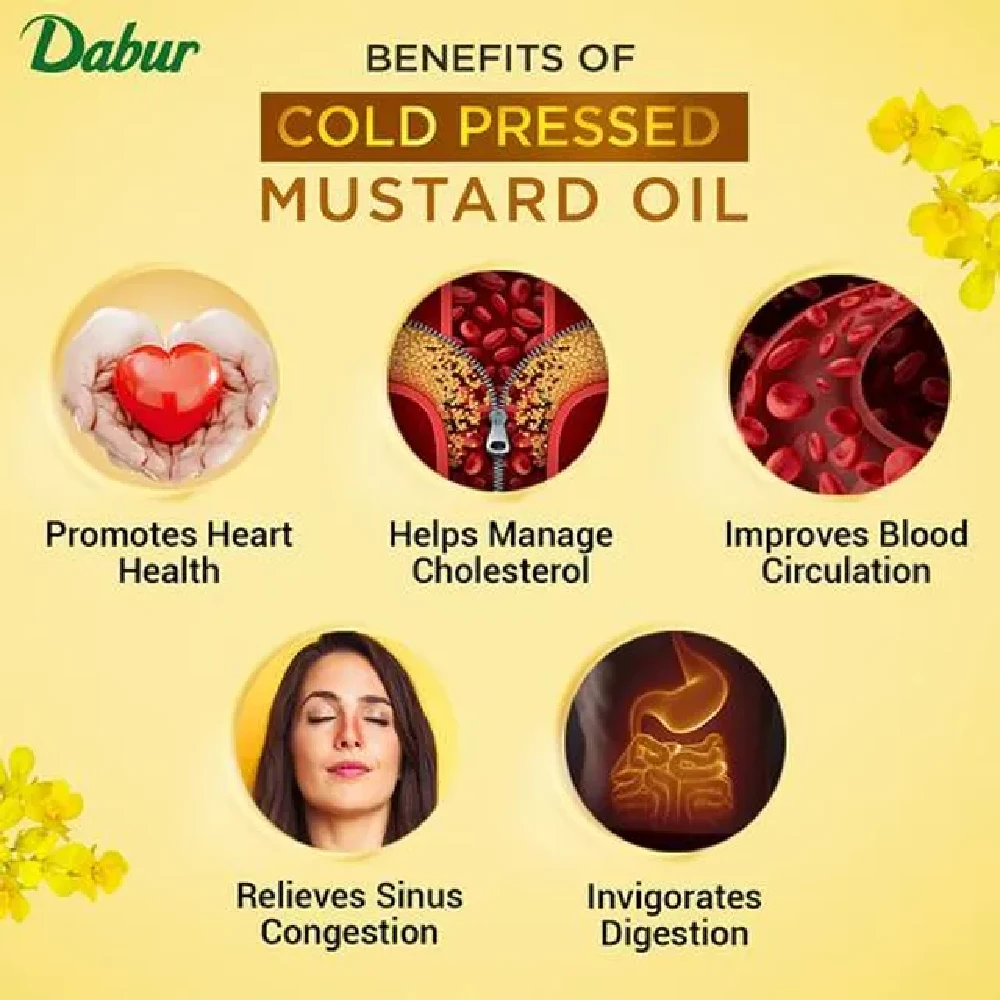 Dabur Cold Pressed Mustard Cooking Oil - Perfect Blend of Health, Taste & Aroma, Promotes Heart Health & Lowers Cholesterol Levels - Image 8