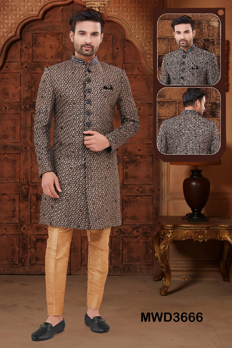 Dark Blue Embroidered Art Silk Readymade Mens Sherwani - Image 6