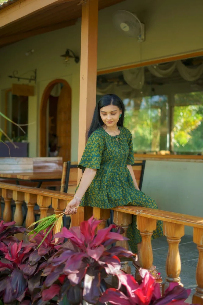 Dark Green Short Kurti Set with Ajrakh Hand-Block Print - Image 5
