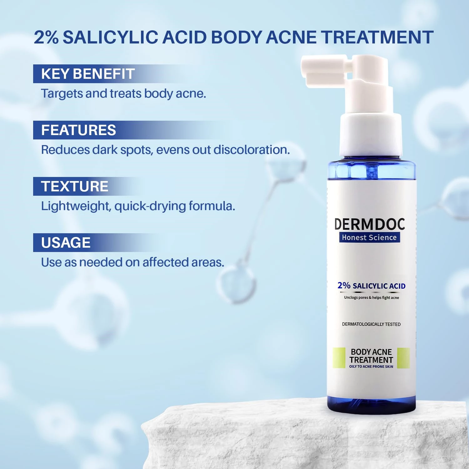 Dermdoc 5% Glycolic Acid Underarm Brightening Spray & 2% Salicylic Acid Body Acne Treatment Spray - Image 3