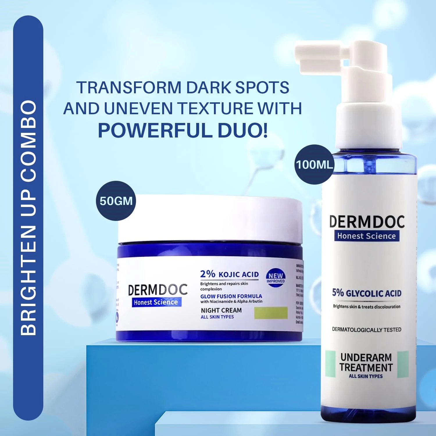Dermdoc 2% Kojic Acid Night Cream (50 g) & 5% Glycolic Acid Underarm Brightening Treatment Spray (100 ml) - Image 2