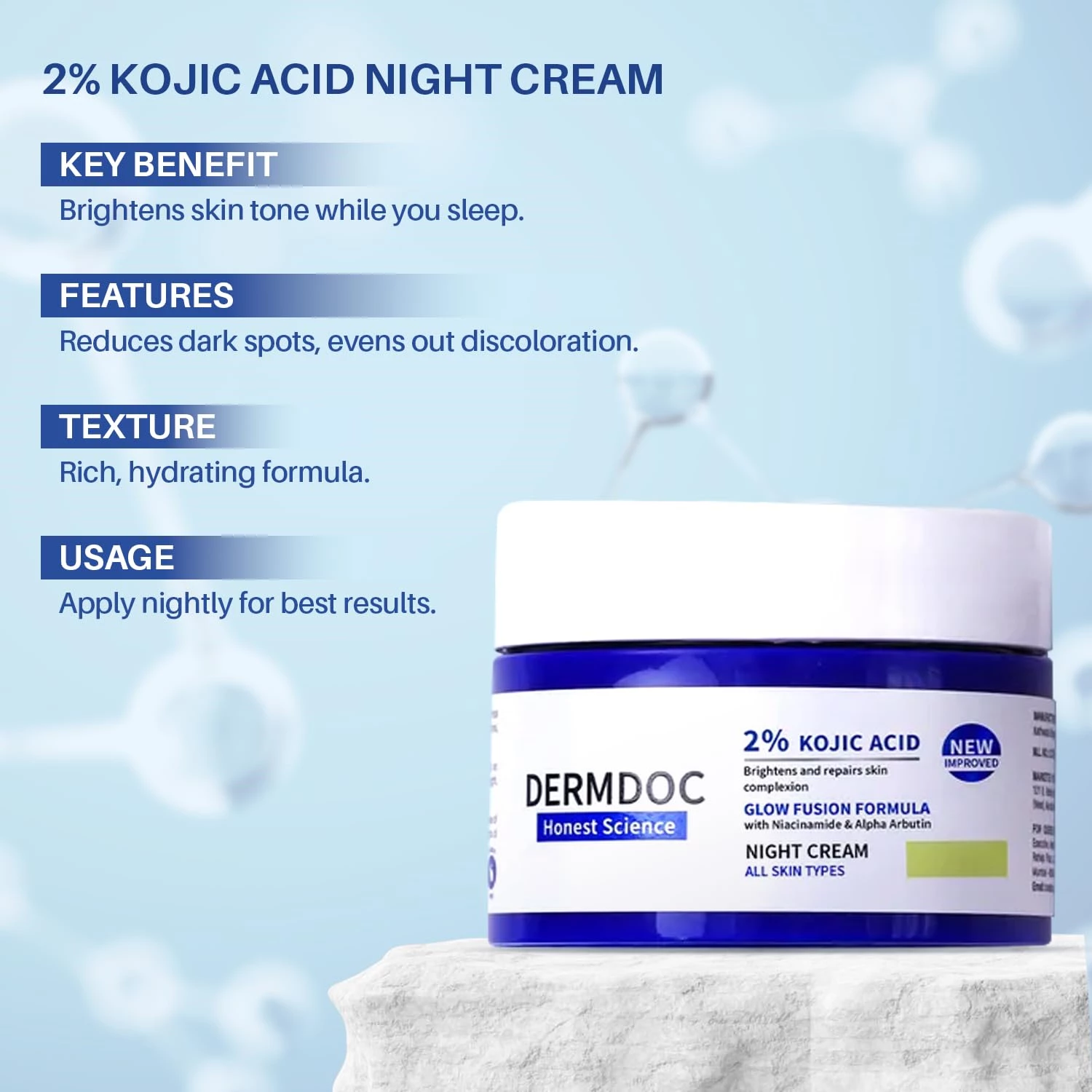 Dermdoc 2% Kojic Acid Night Cream (50 g) & 5% Glycolic Acid Underarm Brightening Treatment Spray (100 ml) - Image 3