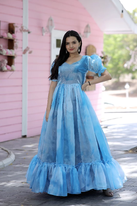 Designer Party Wear Readymade Gown-Sky - Image 3