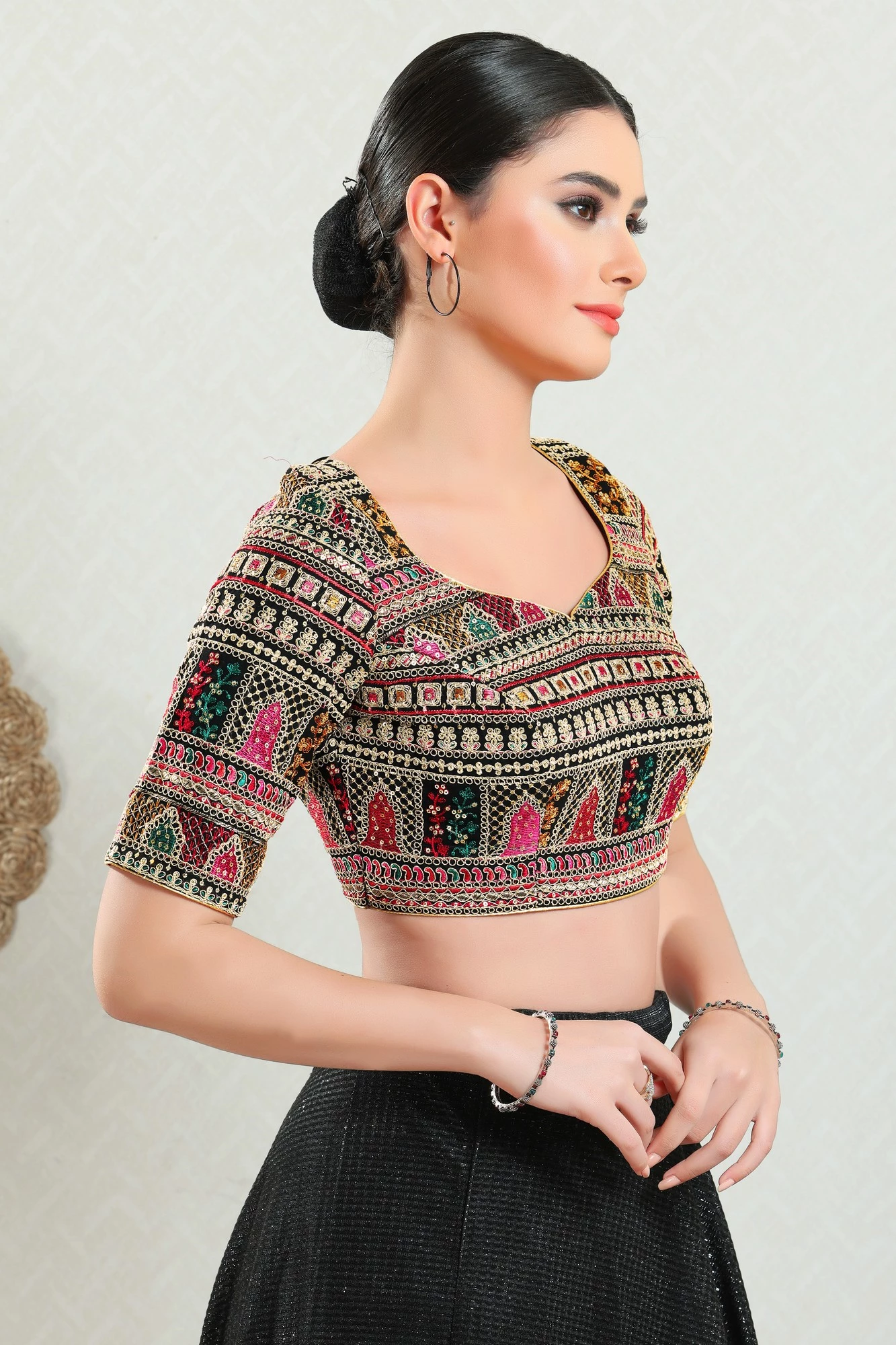 Designer Readymade Blouse, Brocade-Black-Back Open - Image 3