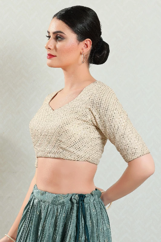Designer Readymade Blouse, Brocade-Cream-Back Open - Image 2
