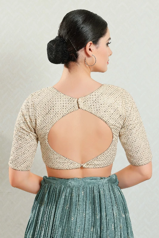 Designer Readymade Blouse, Brocade-Cream-Back Open - Image 4