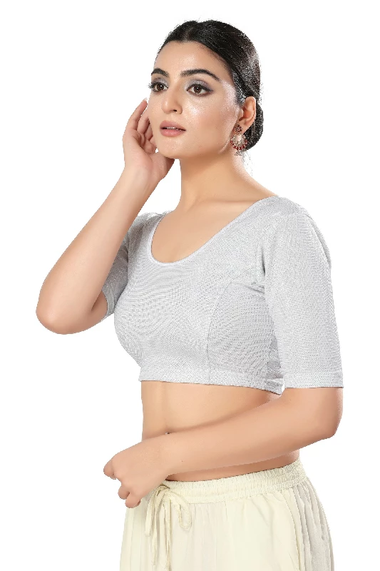 Designer Readymade Blouse, Shimmer-Silver - Image 2