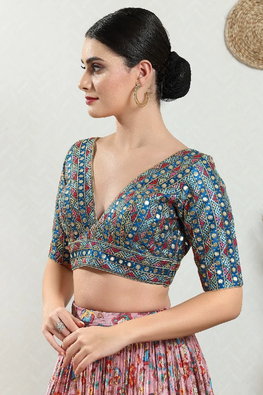 Designer Readymade Blouse, Silk-Fire Blue-Back Open - Image 2