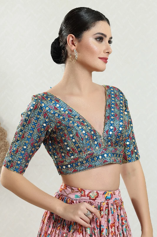 Designer Readymade Blouse, Silk-Fire Blue-Back Open - Image 3