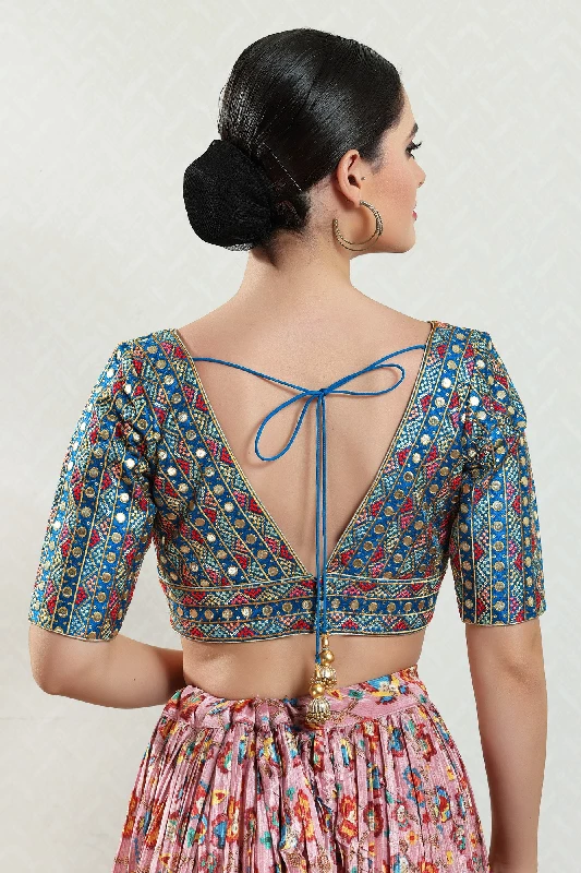 Designer Readymade Blouse, Silk-Fire Blue-Back Open - Image 4