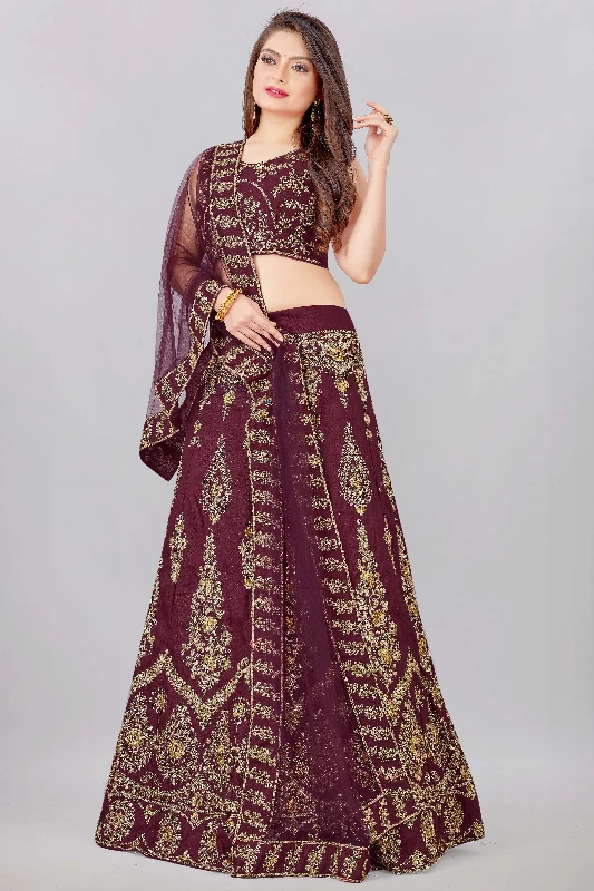 Designer Wedding Wear Heavy Net Lehenga Choli - Wine - Image 3