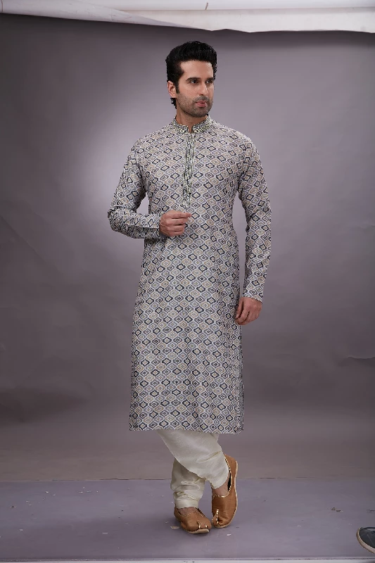 Digital Printed Cotton Kurta Set in Grey - Image 2