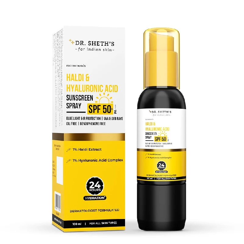 Dr. Sheth's Haldi & Hyaluronic Acid Sunscreen Spray Dr. Sheth's Haldi & Hyaluronic Acid Sunscreen Spray-Pack Size-100 ml