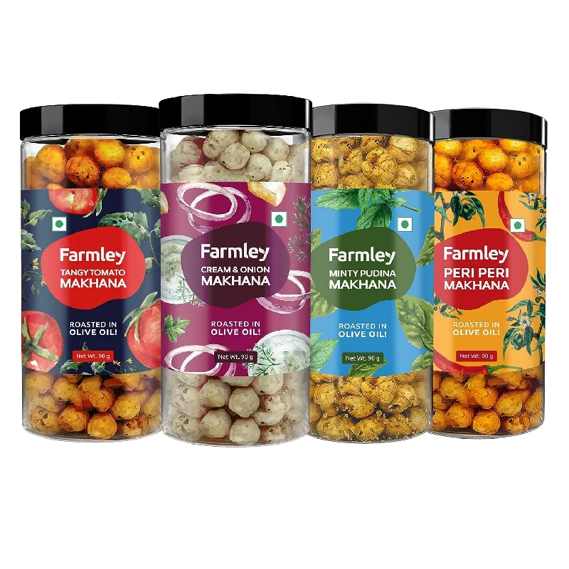 Farmley Roasted Makhana Combo of Minty Pudina, Peri Peri, Tangy Tomato and Cream & Onion (Pack of 4) Farmley Roasted Makhana Combo of Minty Pudina, Peri Peri, Tangy Tomato and Cream & Onion (Pack of 4)-Pack Size-90 g (Each)