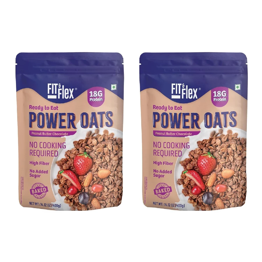Fit & Flex High Protein Ready To Eat Baked Peanut Butter Chocolate Oats With Zero Sugar, Gluten Free & Preservative Free (pack Of 2)