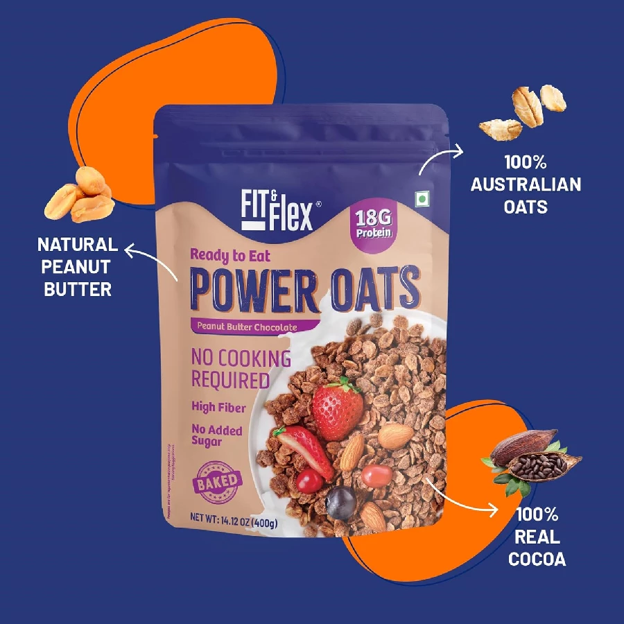 Fit & Flex High Protein Ready to Eat Baked Peanut Butter Chocolate Oats with Zero Sugar, Gluten Free & Preservative Free (Pack of 2) - Image 4