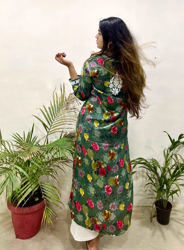 Flowery Dark Green Cotton Kurti with White Chikankari Embroidery - Image 2