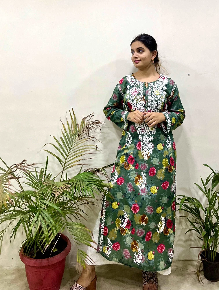 Flowery Dark Green Cotton Kurti with White Chikankari Embroidery - Image 3