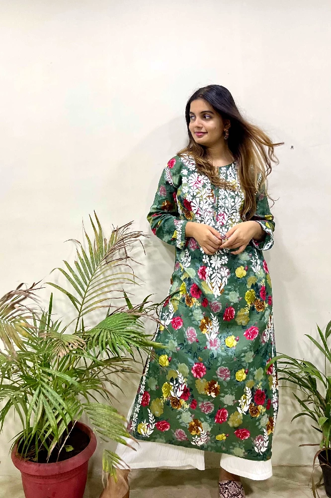 Flowery Dark Green Cotton Kurti with White Chikankari Embroidery - Image 4