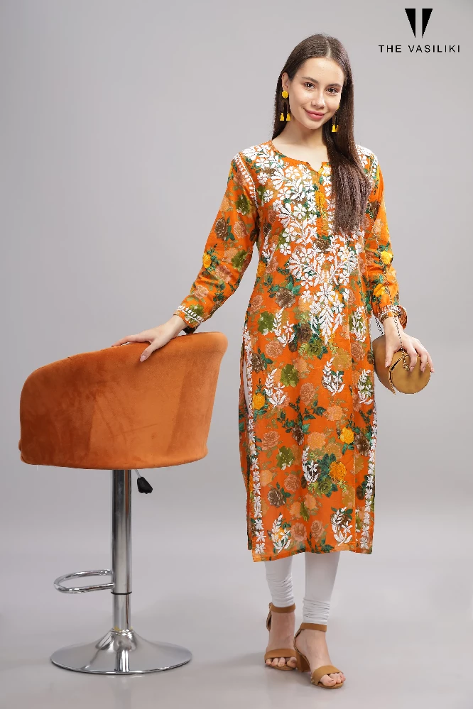 Flowery Orange Cotton Kurti with White Chikankari Embroidery - Image 2