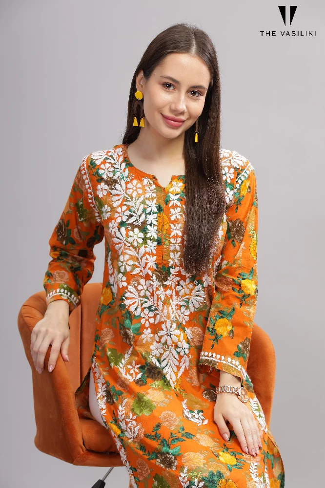 Flowery Orange Cotton Kurti with White Chikankari Embroidery - Image 3