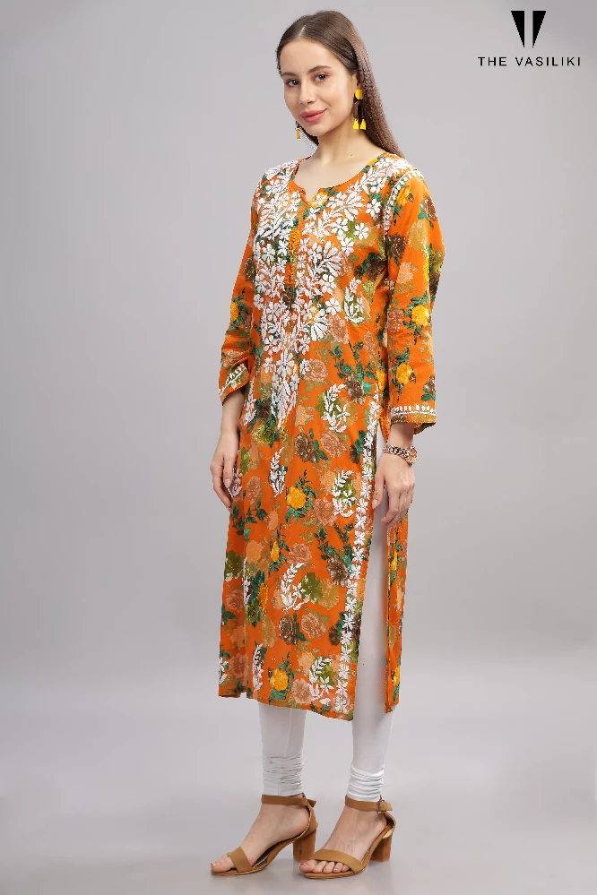 Flowery Orange Cotton Kurti with White Chikankari Embroidery - Image 4