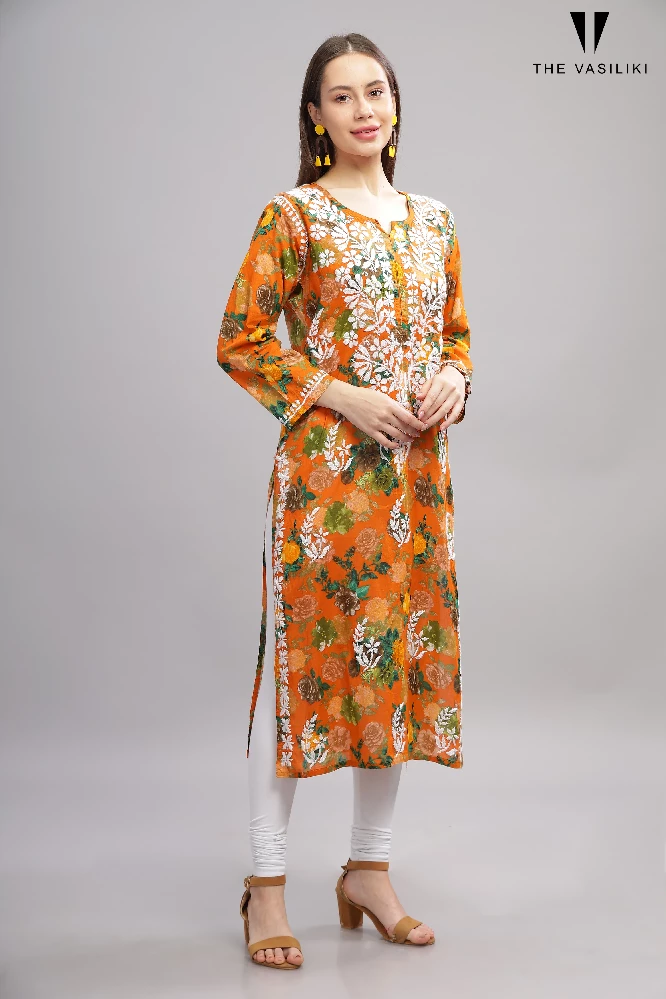 Flowery Orange Cotton Kurti with White Chikankari Embroidery - Image 5