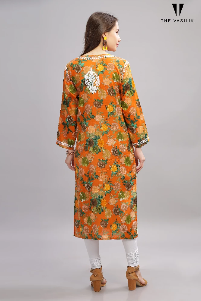 Flowery Orange Cotton Kurti with White Chikankari Embroidery - Image 6
