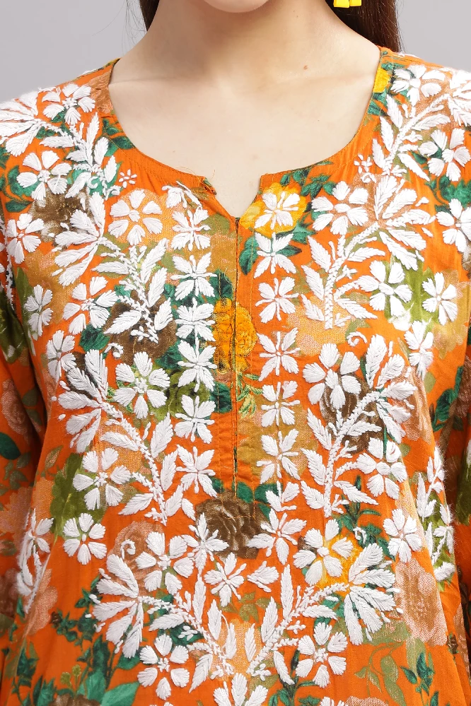 Flowery Orange Cotton Kurti with White Chikankari Embroidery - Image 7