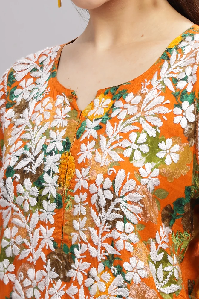 Flowery Orange Cotton Kurti with White Chikankari Embroidery - Image 8