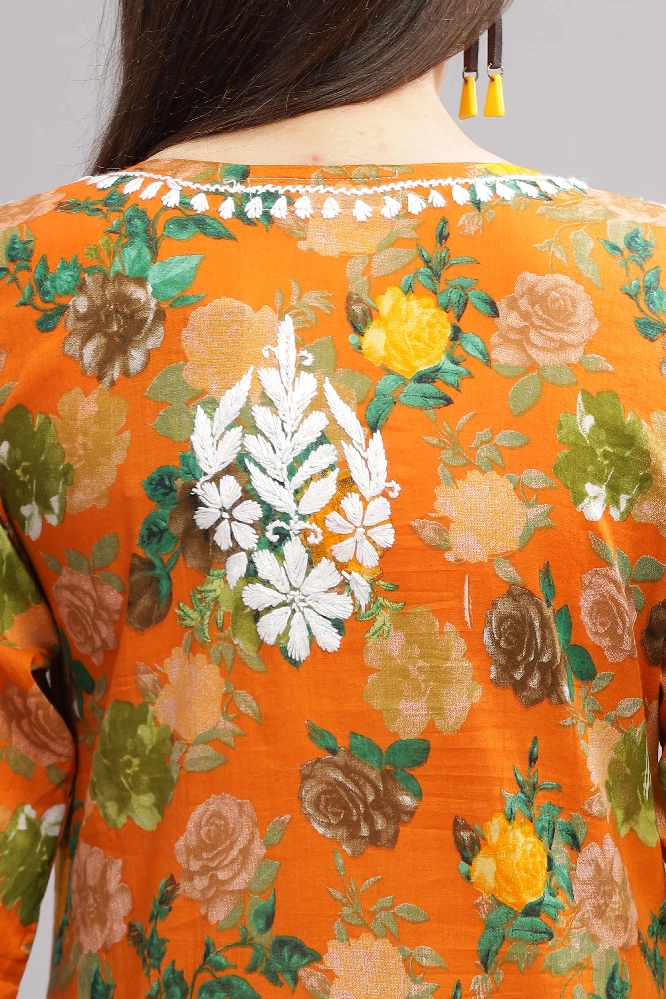 Flowery Orange Cotton Kurti with White Chikankari Embroidery - Image 9