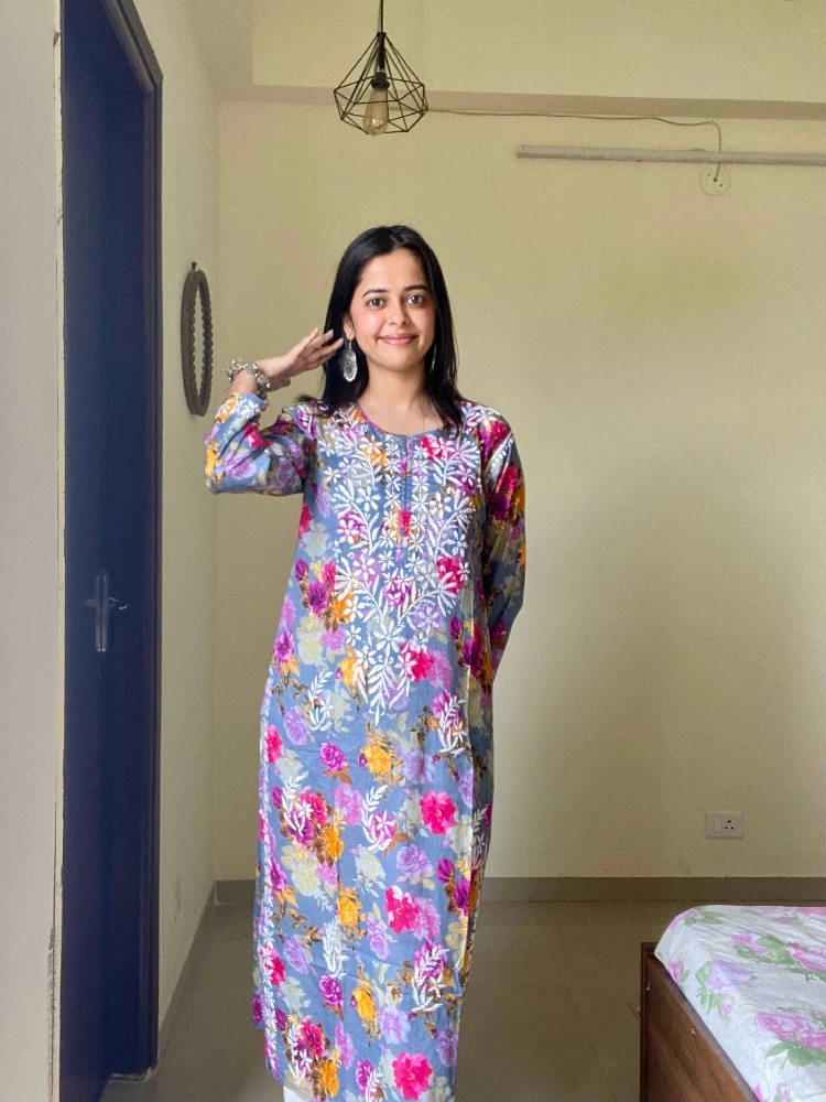 Flowery Purple Cotton Kurti with White Chikankari Embroidery - Image 2