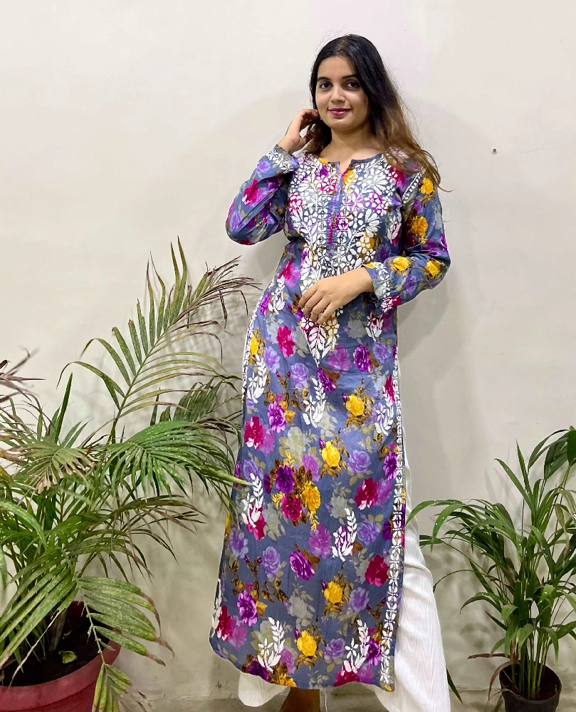 Flowery Purple Cotton Kurti with White Chikankari Embroidery - Image 4