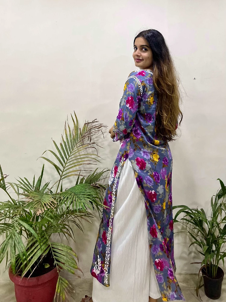 Flowery Purple Cotton Kurti with White Chikankari Embroidery - Image 5