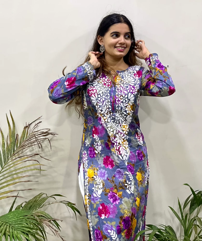 Flowery Purple Cotton Kurti with White Chikankari Embroidery - Image 6