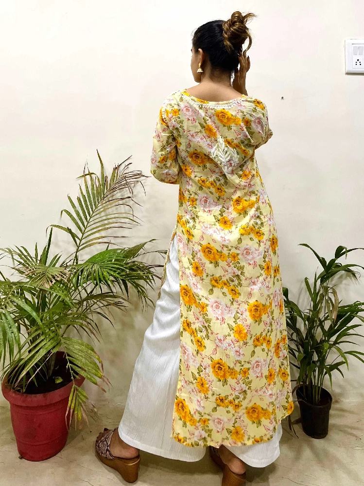Flowery Yellow Cotton Kurti with White Chikankari Embroidery - Image 2