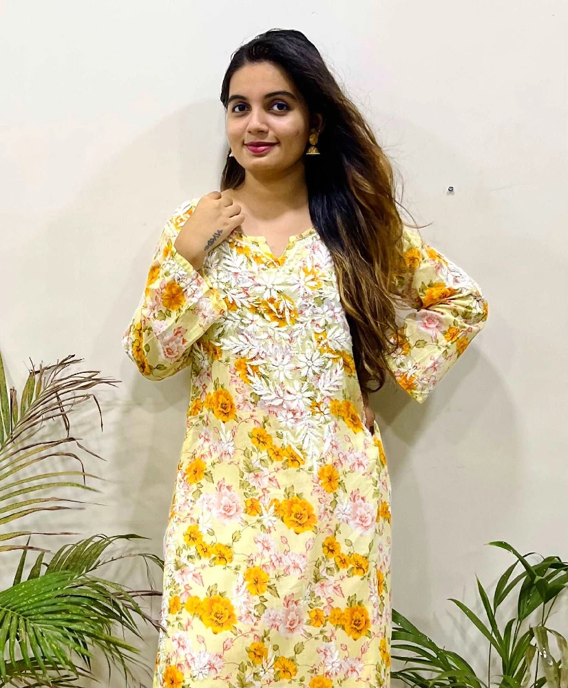 Flowery Yellow Cotton Kurti with White Chikankari Embroidery - Image 3