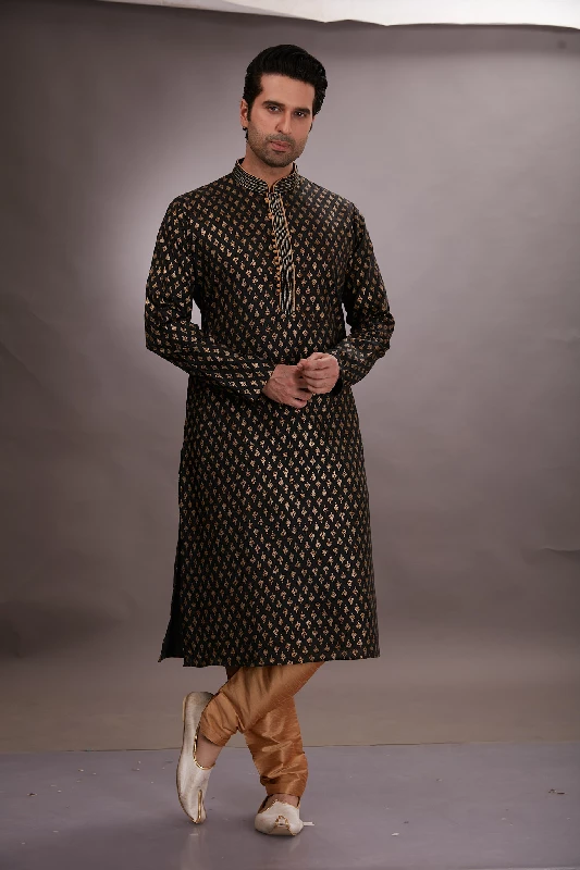 Foil Printed Cotton Kurta Set in Black