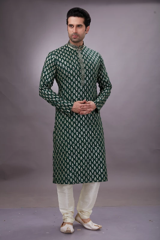 Foil Printed Cotton Kurta Set in Dark Green